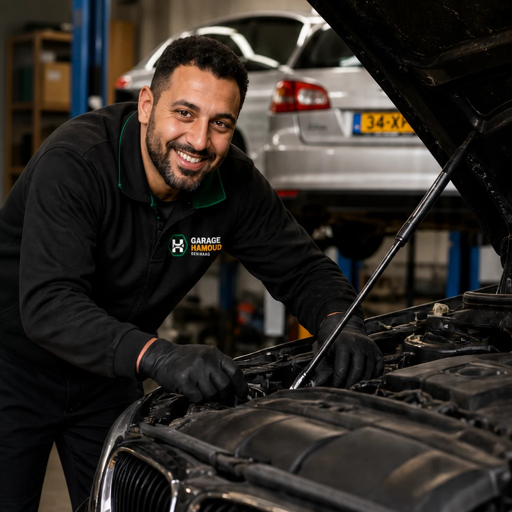 Monteur van Garage Hamoud leunt lachend over een open motorruimte